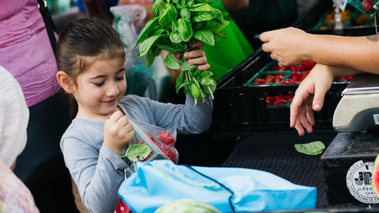 A young girl bags groceries at an impact investing financed grocery store