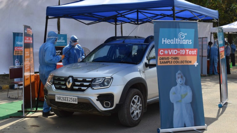 A mobile testing site for COVID-19 operated by Healthians