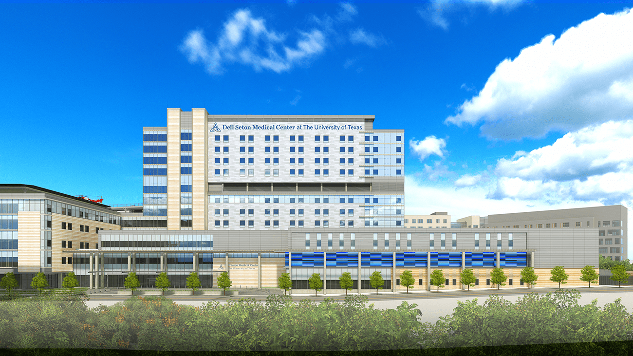 Exterior building rendering demonstrating what the Dell Seton Medical Center expansion will look likte. 