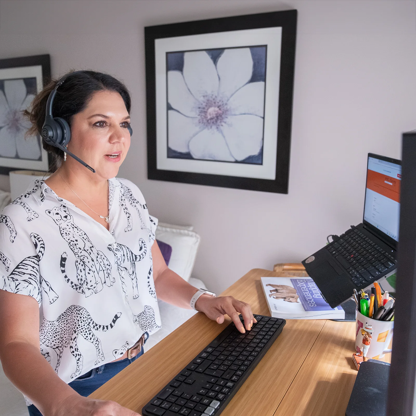 Brenda Garza, a community health worker, takes a virtual call with a patient.