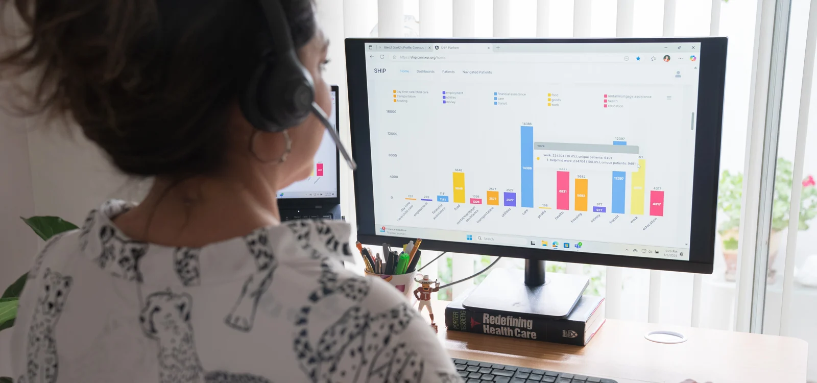 A Community Health Worker looks at a data dashboard on her computer while taking a virtual call and wearing a headset.