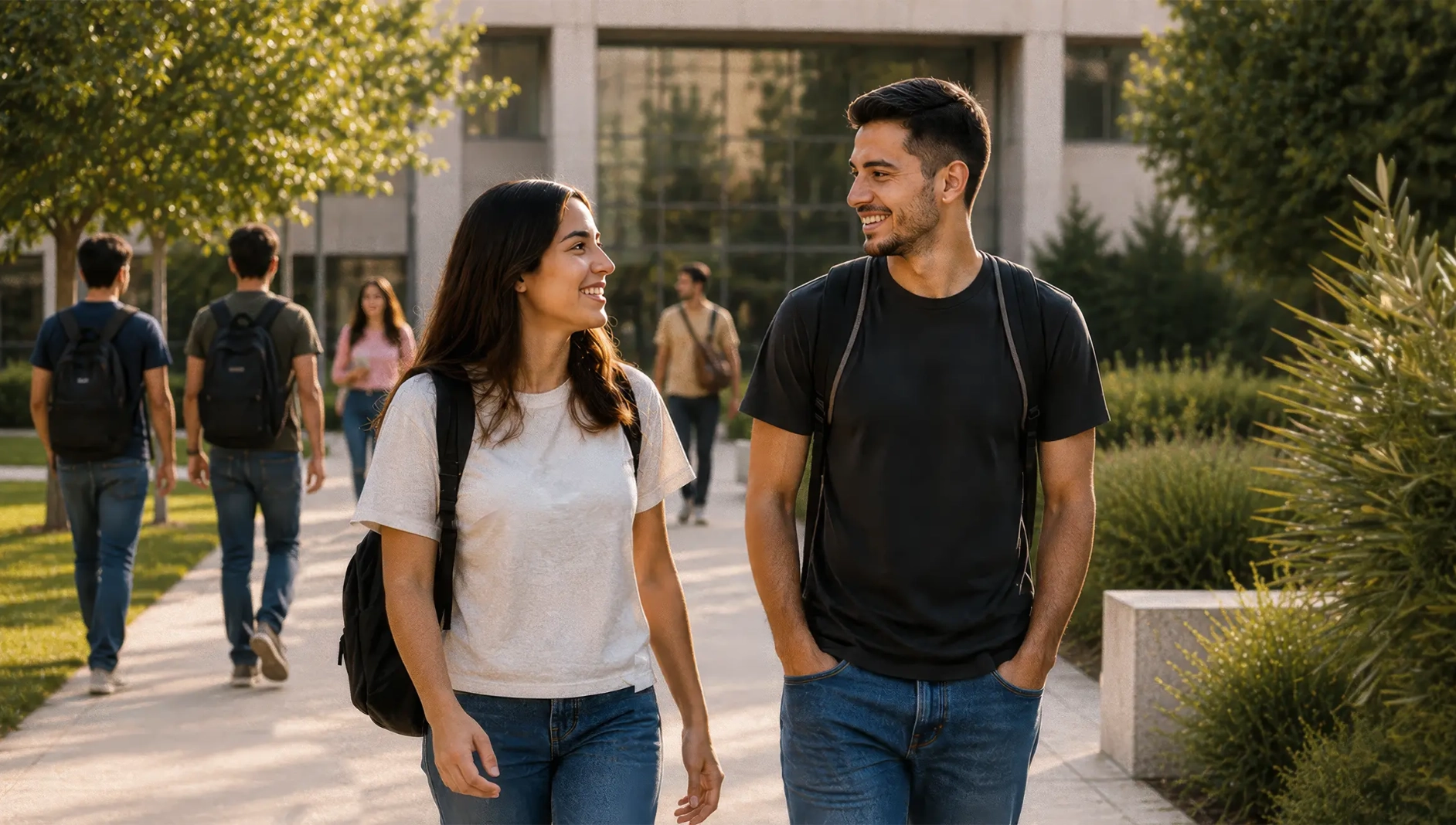 Two smiling students walk on a university campus in Israel.